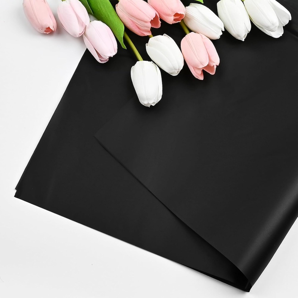 Florist Supply Paper - 防水半透明韓国花柄包装紙 20枚 ブラックフラワーデザイン 花束ギフト包装 花屋用品 22.8x22.8インチ