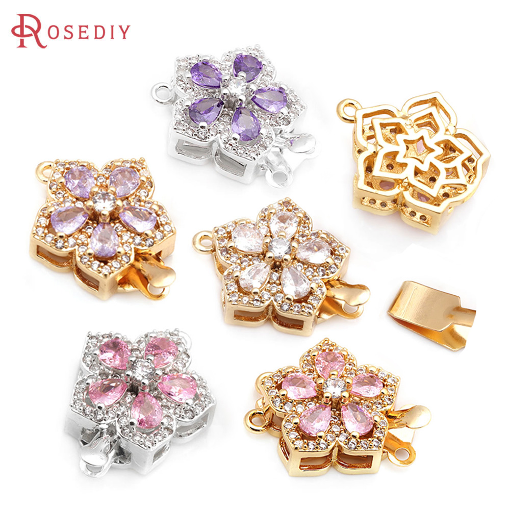 Flower Supplies - クラスプ付きフラワーネックレス,真ちゅう製ジルコン,高品質,日曜大工,ジュエリー作り用品,フルサイズ,K18ゴールドカラー,4セット,21x15mm