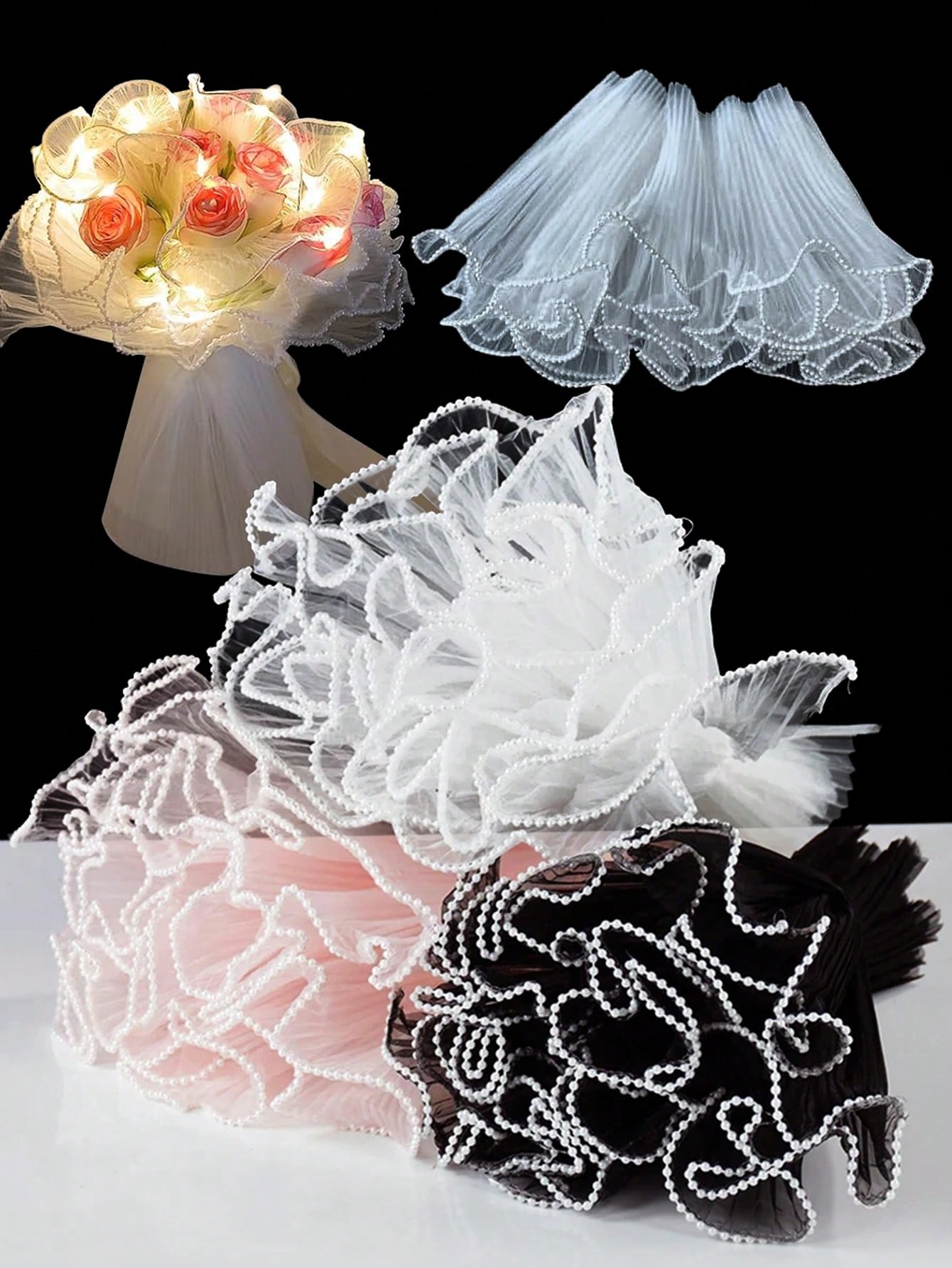 Florist Supply Paper - 4ヤードフェイクパールエッジフラワーラッピングメッシュペーパー、花束包装紙、DIYクラフト用のしわのある波状ネットヤーン、バレンタインデー、誕生日の飾り、花屋用品、結婚式のギフト包装、バレンタインデー用